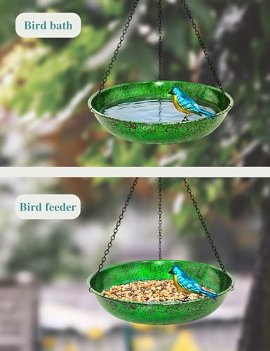 Hanging Bird Bath for Outside, 11” Metallic Green & Blue Metal Birdbath Bowl & Feeder with Black Chain Outdoor Garden Yard Decor (0.5 Gallon) - color: Metallic Green & Blue