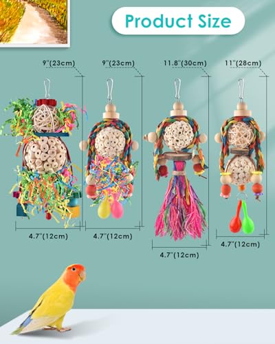 Bissap Conure Toys, 4 PCS Bird Parrot Foraging Shredder Hanging Toys Sola Balls with Sand Hammer for Small Parrots Parakeets Conures Cockatiels Love Birds Cage Toy - size: 4 PCS