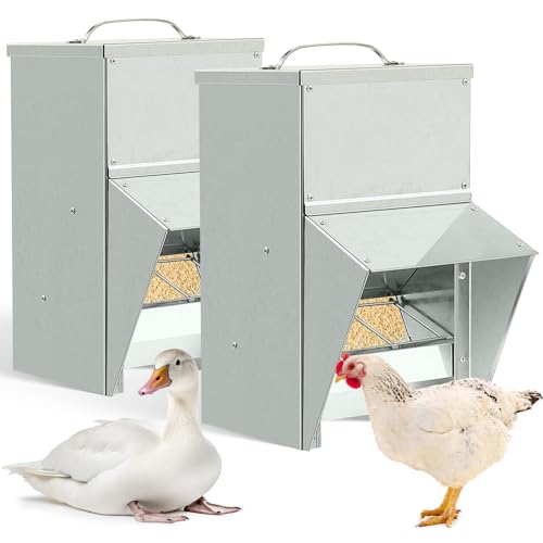 Uiifan 2 Pcs 25 lb Galvanized Chicken Feeder Weatherproof Poultry Metal Food Dispenser with Lid Chicken Duck Food Dispenser Rat Proof Feeder for Poultry Geese Quails Bantams Ducks and Turkey - size: 25 lb
