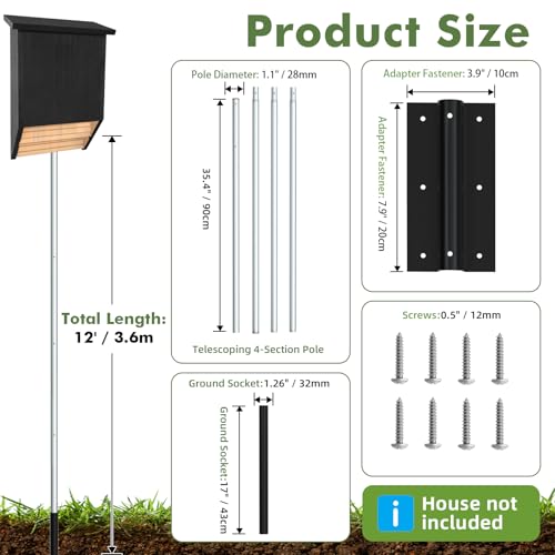 Nalwort 12' Aluminum Bat House Pole, Telescoping Purple Martin House Pole, 4-Section Design with 8-Hole Ground Socket for Wind Stability, Complete Outdoor Bat Bird House Pole Kit - size: 12 ft