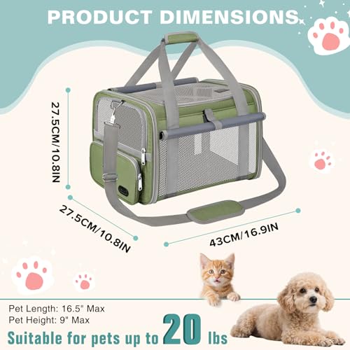 Cat Carrier Airline Approved Privacy Portable Top Load Pet Travel Bag | Soft Sided Pet Carriers for Small Cats Dogs Puppy up to 16 Lbs,Collapsible,Zipper Lock,Luggage Sleeve,2 Storage,Washable - color: Grass Green