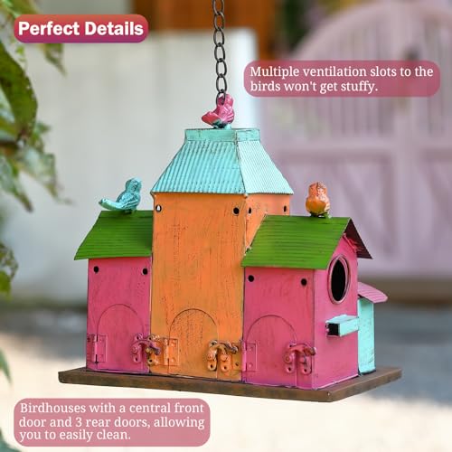 Large Bird Houses for Outside Hanging, Colorful Metal Bird Houses for Outside with 5 Compartments, Easy-Clean Front & Back Doors, Escape Holes & Ventilation, Weatherproof birdhouses for Outdoors - style: Colorful 3