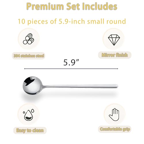 Long-handled Mirror-Finish Small Round Stainless Steel Spoon, Suitable for Scooping Bird's Nest, Honey, Coffee, Milk Powder, Sugar, Cocoa Powder and Other Foods & Desserts (10pcs 5.9", Silver) - size: 5.9in, style: 10Pcs Silver