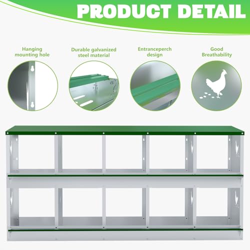 TOCRETOARE Chicken Nesting Boxes, 10 Hole Nesting Box for Laying Eggs, Heavy Duty Metal Nest Boxes for Chicken and Poultry to Collect Eggs, Chicken Laying Boxes Hens Chicken Coop Box - size: 10 Hole