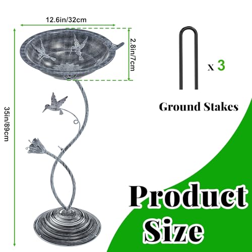 Bird Bath Garden for Outside, Vintage Metal Birdbaths Bowl with Roman Pedestal for Outdoors, Standing Bird Bath Bowl Birdfeeder for Yard Lawn Decor (Vintage Silver - Hummingbird) - color: Vintage Silver - Hummingbird