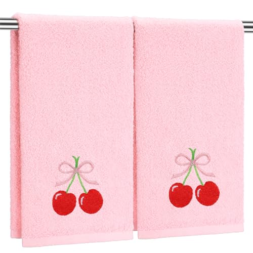 SmoothNovelty 2 Pcs Cherry Hand Towels for Bathroom Decor 14x29 Inch | Embroidered Cute Bathroom Hand Towels, 100% Cotton, Soft Absorbent, Spring Summer Bathroom Kitchen Decor - style: Cherry