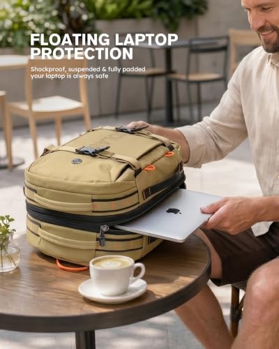 Tolaccea Travel Backpack 40-50L, 16" Laptop Carry On Duffle for Travel Work | 40-50L Expandable, TSA Approved 180° Open, 3L Wet-Dry Pocket, RPET Fabric, 3-in-1 Convertible Carrying, Detachable Waist Belt - color: Khaki