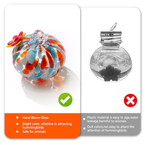 2 Pcs Blown Glass Hummingbird Feeder for Outdoors Hanging | Ant & Bee Resistant Window Bird FeederHandmade Garden Decor Gift for Women - Small Round Green Red Glass Feeders Bundle - color: Ellipse A2