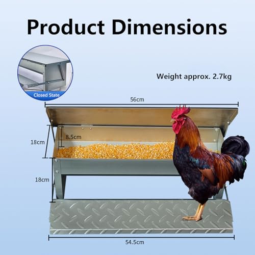 Automatic Chicken Feeder with Weatherproof Lid 4-9kg Metal Treadle Feeder Feeds 6 Chickens up to 10 Days for Roosters Pheasant Chicken Outdoor Coop(Size:Small - 56x18cm) - size: Small - 56x18cm