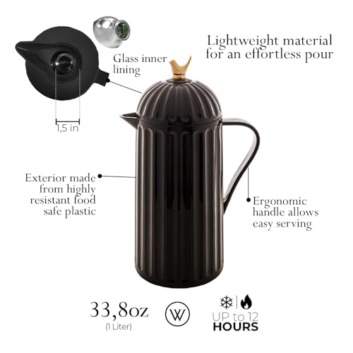 WOLFF - Bird Thermal Coffee Carafe - Hot or Cold Drinks, Plastic Exterior and Glass Insulation Lining Flask Coffee Dispenser, Thermal Bottle for Beverages, Tea and Water Pitcher- Black, 34floz/1L - color: Black