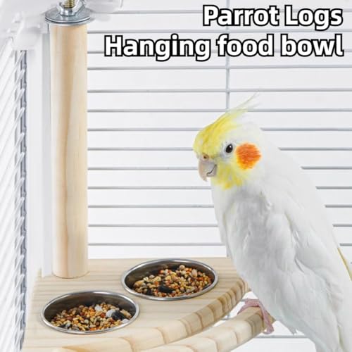 Bird Perch, Parrot Platform Wood Stand with Feeding Bowl Cups Bird Toys Parrot Cage Accessories for Parakeet Lovebird Cockatiel Conure Budgie Small Animals