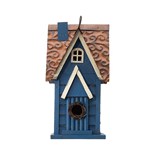 Glitzhome 12" H Hanging Birdhouse Retro Blue Distressed Wooden Cottage Garden Bird House for Outside - color: Blue