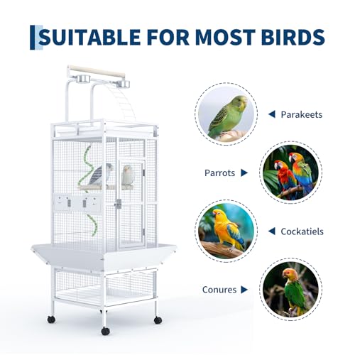 Garvee 60in Large Bird Cage, Rolling Parakeet Cage with Play Top, Bird Rope Perche, Big Bird Cages for Parrots, Parakeets, Cockatiels, Conures-White
