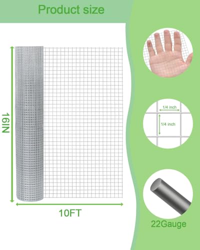Hardware Cloth 16in x 10ft 1/4 Inch 22 Gauge, Hot-Dipped Galvanized Welded Wire Mesh, Low Carbon Steel, Animal Cage Wire Netting, Garden Wire Mesh - size: 1/4inch 16in×10ft