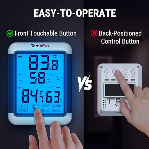 TempPro TempAir Indoor Outdoor Thermometer Digital Wireless Hygrometer | Temperature Humidity Monitor with Jumbo Touchscreen and Backlight Humidity Gauge,LCD - size: In-Outdoor