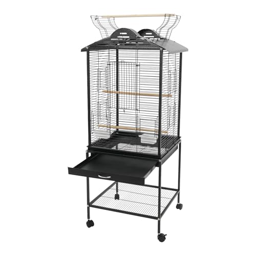 Bird Flight Cage with Rolling Stand 51" H Large Bird Cage W/Tray & Waterproof Roof, Wheels-Freestanding Bird Cage for Cockatiel, Budgerigar, Lovebird, Sun Conure, Cockatoo-Black