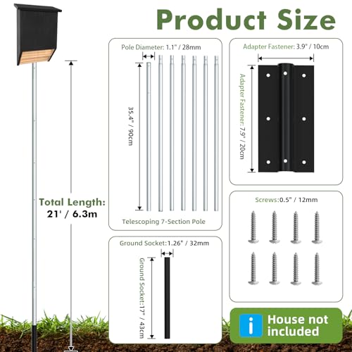 Nalwort 21' Aluminum Bat House Pole, Telescoping Purple Martin House Pole, 7-Section Design with 8-Hole Ground Socket for Wind Stability, Complete Outdoor Bat Bird House Pole Kit - size: 21 ft
