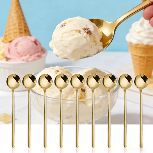 Long-handled Mirror-Finish Small Round Stainless Steel Spoon, Suitable for Scooping Bird's Nest, Honey, Coffee, Milk Powder, Sugar, Cocoa Powder and Other Foods & Desserts (10pcs 6.7", Gold-Plated) - size: 6.7in, style: 10Pcs Gold-Plated
