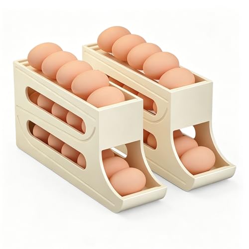 Egg Holder for Fridge - 3 Tiers Auto Rolling Egg Dispenser for Countertop Refrigerator, Kitchen Space-Saving Eggs Roller Storage Container Tray, 2 Packs for 32 Count, Cream - color: Cream