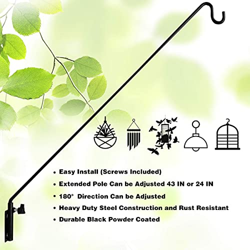 Heavy Duty Extended Reach Wall Mounted Deck Hook Wall Pole,Bracket Direction and Length Adjustable Plant Bracket for Bird Feeders, Planters, Suet Baskets, Lanterns, Wind Chimes,Black - size: 43in Long Wall Mounted Hook-1 Pack