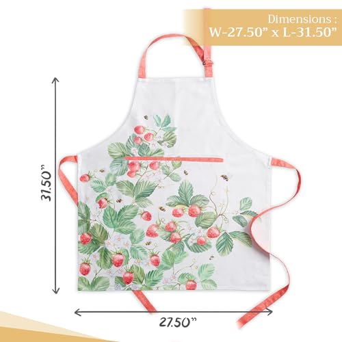 Maison d' Hermine Aprons for women with Pocket 100% Cotton (27.50"x31.50") | Adjustable Neck Strap & long ties Apron Men Chef Wedding Cooking Gardening Server Maid - color: 048 - Strawberry Summer