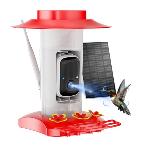 Hummingbird Feeder with Camera Outdoor, Solar Powered Hanging Bird Feeder | Ant Moat & Bee-Proof, AI Bird ID, HD 2K, Instant App Alerts, Auto Capture, Garden Gift for Hummingbird Lover & Mom Dad, 21oz - color: Red