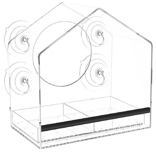 Clear Acrylic Window Bird Feeder with Strong Suction Cups | Extra deep 4.35" removeble tray, 2.36" heavy duty suction cup, bird feeder for window viewing, fits finches, cardinals - color: Black