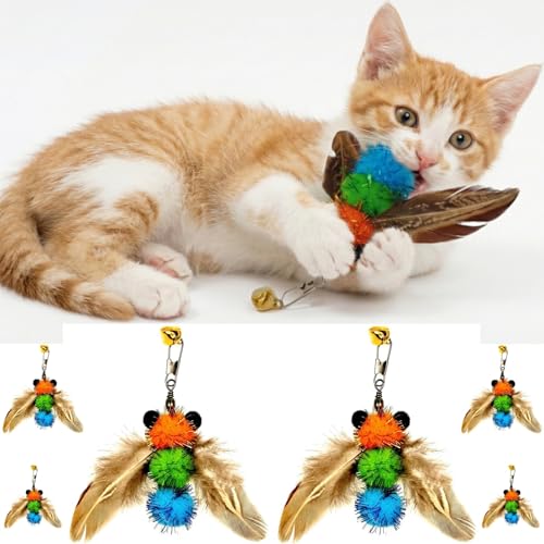 miwoowim 6PCS Bee Feather Cat Wand Refills, Interactive Teaser Replacements | Insect Attachments,Adorable bee design with natural feather wings. Fits standard wands. Promotes pouncing & jumping play. - color: 6 yellow bees
