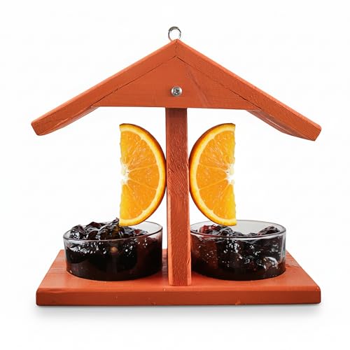 Double Fruit and Jelly Bird Feeder | Wood Roof Keeps Food Dry - 2 Prongs for Orange Halves - 2 Glass Jelly Cups, Sold Separately