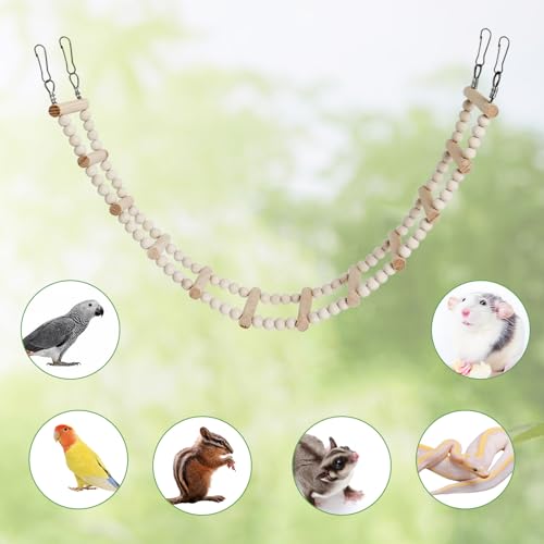 Long Bird Ladder with Wooden Rungs and Beads, Parakeet Climbing Swing Toys, Bird Cage Accessories, Wooden Climbing Bridge Toys for Parrots, Rat, Sugar Gliders, Squirrels, Snakes - size: 27.5×3.14 Inches
