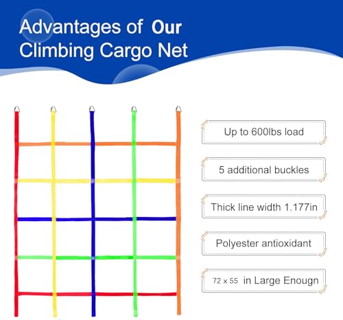 Climbing Cargo Net,Ninja Warrior Obstacle Course for Kids,Rope Net Ladder Monkey Bars for Rock Wall Jungle Gyms Playground Ribbon Training for Indoor and Outdoor Swing Set Tree House