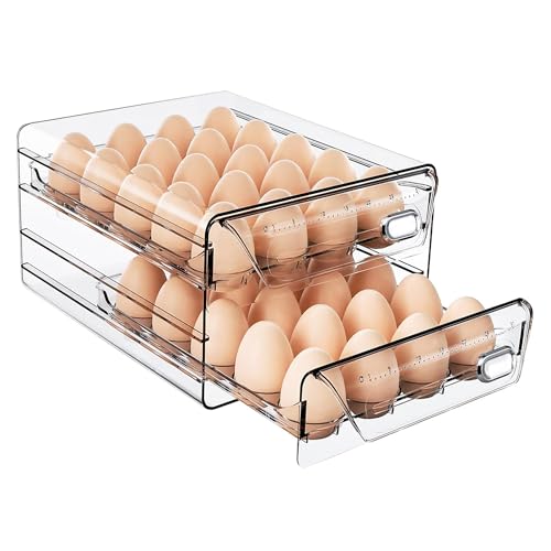 HIYOHIYO Clear 40 Grid Egg Holder for Fridge, with Drawers, 2-Tier | with Time Scale Marking | Large Capacity | Stackable | Sturdy Eggs Container for Refrigerator and Countertop - size: 40 Grids-2 Layer