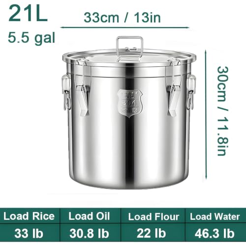 5.5Gal 304 Stainless Steel Airtight Container with Lid and Locking Clamp, 17-38Lbs Metal Bucket Drum Large Dog Food Storage Container for Milk, Oil, Coffee Storage Container (21L) - size: Standard 21L/5.5gal