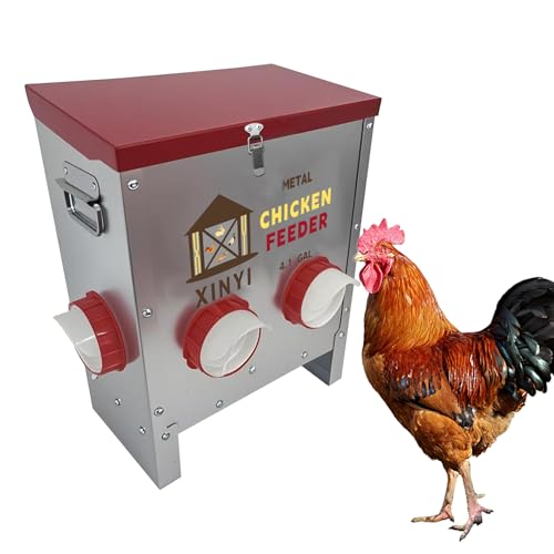25lbs Metal Chicken Feeder, 4 Ports Galvanized Feeder, Goat Proof Auto Chicken Feeder, Weatherproof Chicken Food Dispenser System for Outdoor Coop,4.1 Gallon - size: 4 ports