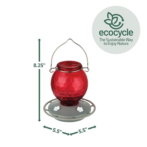 Crimson Comb Recycled Glass Hummingbird Feeder for Outdoor Décor, 16 Ounce Capacity Nectar Feeder, 4 Removable Easy Clean Ports, Red - style: Crimson Comb