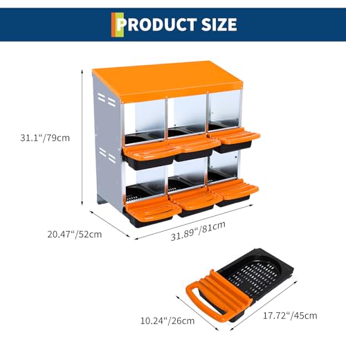 2-Tier Chicken Nesting Box, 6 Compartment Metal Nesting Box for Chickens with Waterproof Roof, Non-Slip Stable Base, Heavy Duty Chicken Laying Boxes for Hens, Poultry - color: Orange, size: 6 holes