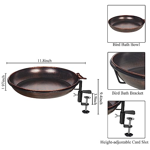 DREAMSOUL Deck Mounted Bird Bath Metal Birdbath Bowl Unheated with Lightweight Detachable, Bird Baths with Adjustable Sturdy Steel Clamp for Deck Railing Balcony Yard Garden Decoration - color: Bronze