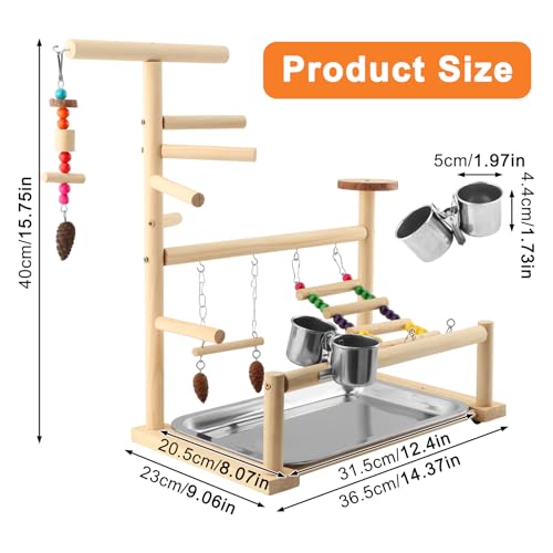 Bird Playground, Natural Pine Wood Parrot Stand with Swing, Climbing Ladder, Chew Toy and Perches, Bird Play Stand for Parakeets, Budgies, Cockatiels and Small Birds