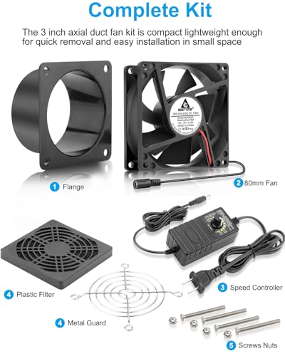 GDSTIME Small Axial Exhaust Fan 80mm 12V DC Fan with AC Plug, 3 Inch Flange | Dual Ball, Variable Speed Control, for Soldering, Smoke Extraction, 3D Printer, DIY Cooling Ventilation Exhaust Projects - style: 8025 Fan + 1 Flange