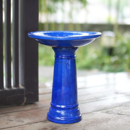 Ceramic Pedestal Bird Bath for Outside, 15 x 12 Inch, Sapphire Blue | Glazed Finish, Easy Twist-to-Lock Assembly - color: Sapphire Blue