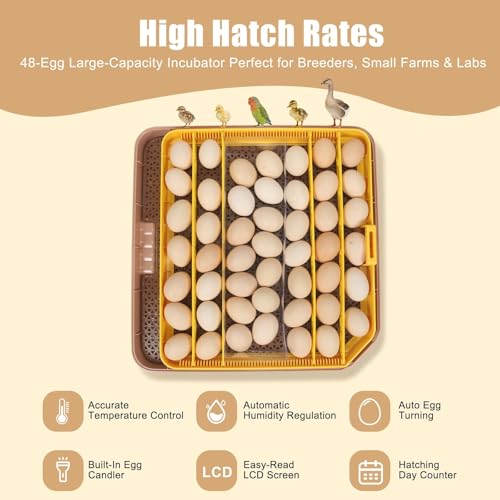 Gen IV - 48 Egg Fully Automatic Incubator, 2026 Upgraded Design, Intelligent Sensor-Based Humidity & Temp Control, Custom Days, Adjustable Auto Turning & Stop, Chick Separator, Flexible Egg Spacing - size: 48 egg-brown