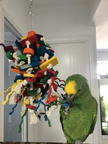 Colorful Parrot Chew Toy for Aggressive Chewers (Large) | Durable Bird Toy with Wood Blocks & Cotton Rope, 37cm Hanging Foraging Toy for Small to Large Parrots
