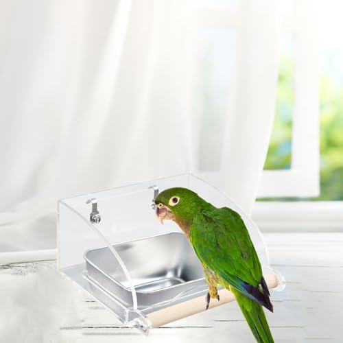 Non Mess Bird Cage Feeder Bird Food Bowl Cup Transparent Weatherproof Hanging Feeding Station Parrot Feeder for Parakeet Finch, 16.5x10.7x8cm