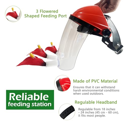 2 Pack Hummingbird Feeder Hat, Wearable Hummingbird Feeder Helmet | 2 Feeder Masks, 3 Upward Flower Ports Each for Close Viewing, Help Reduce Drips, Fog-Resistant Visors, Adjustable Fit - color: Red-2P