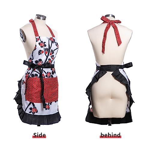 Lovely Flower Pattern Retro Aprons With Large Pockets for Women Girls Cooking Kitchen Bakery Mother's Gift - color: Plum Bloom