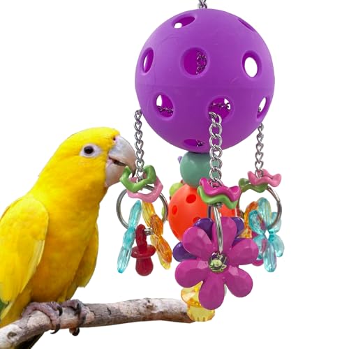 Pullable Bird Plastic Ball Toys with Acrylic Pacifiers and Flowers, Colorful Parrot Toys for Medium and Large Parrot Quaker Monk Parakeet Sun Conures (Purple) - color: Purple