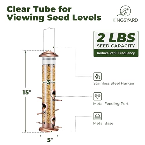 Kingsyard Metal Tube Bird Feeders for Outdoors Hanging | 6-Port with 360° Feeding, No-Spill Design, 2 lb Seed Capacity, Attracts Finches & Songbirds, Garden & Backyard Decor, Copper - color: Antique Copper