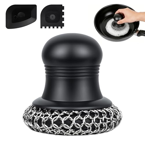 316 Upgraded Cast Iron Scrubber with Pan Scraper,Cast Iron Cleaner for Grill Pan Skillet Wok Carbon Steel,Ergonomic to Hold Easy to Use Dishwasher Safe ((Large Chain Mail)) - size: (Large Chain Mail)