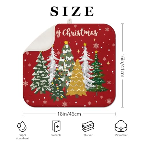Christmas Kitchen Countertop Dish Drying Mat,Red Christmas Tree Snowflake Pattern Microfiber Kitchen Drying Mat, Washable Absorbent Countertop Xmas Winter Holiday Dish Mat Drainer,16x18In - color: christmas, size: 16" x 18"