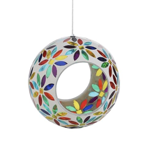 VOREEN Mosaic Glass Bird Feeder, Handcrafted Hanging Fly-Through Feeder for Outdoor Garden & Backyard, Decorative Wild Bird Feeder with Steel Wire Cable, Mosaic Colorful Flowers - color: Multicolor